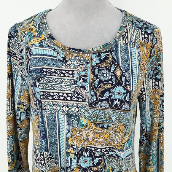 Chicos Top 0 Womens Small Blue Black Neck Beads Stretch Knit Blouse Tunic - Picture 12 of 14